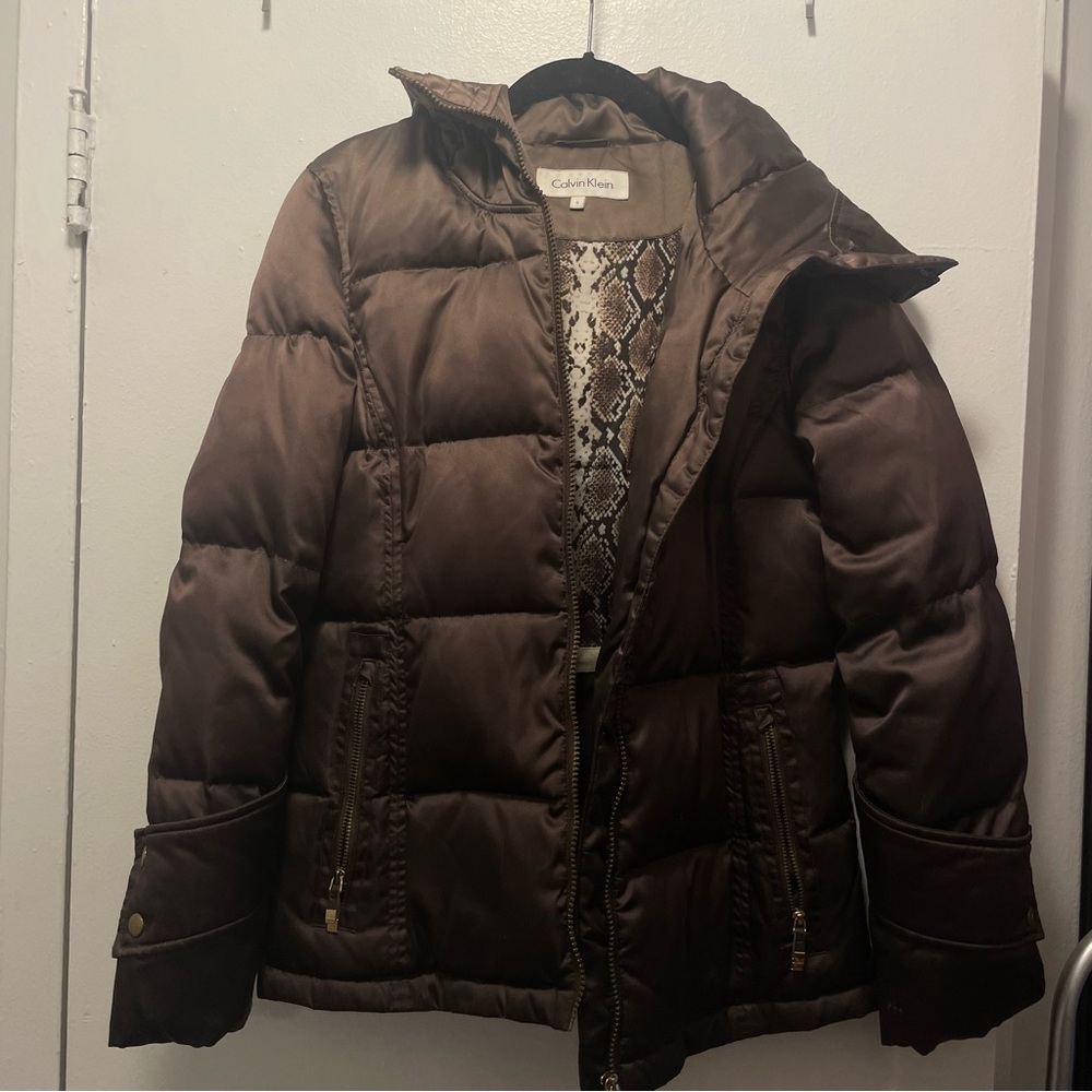 Bronze metallic brown Calvin Klein metallic puffer thick winter down coat jacket